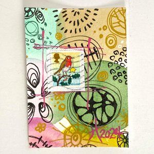 ACEO Original Watercolor Doodle UK Postage Stamp Art Tristina Dietz Elmes ATC
